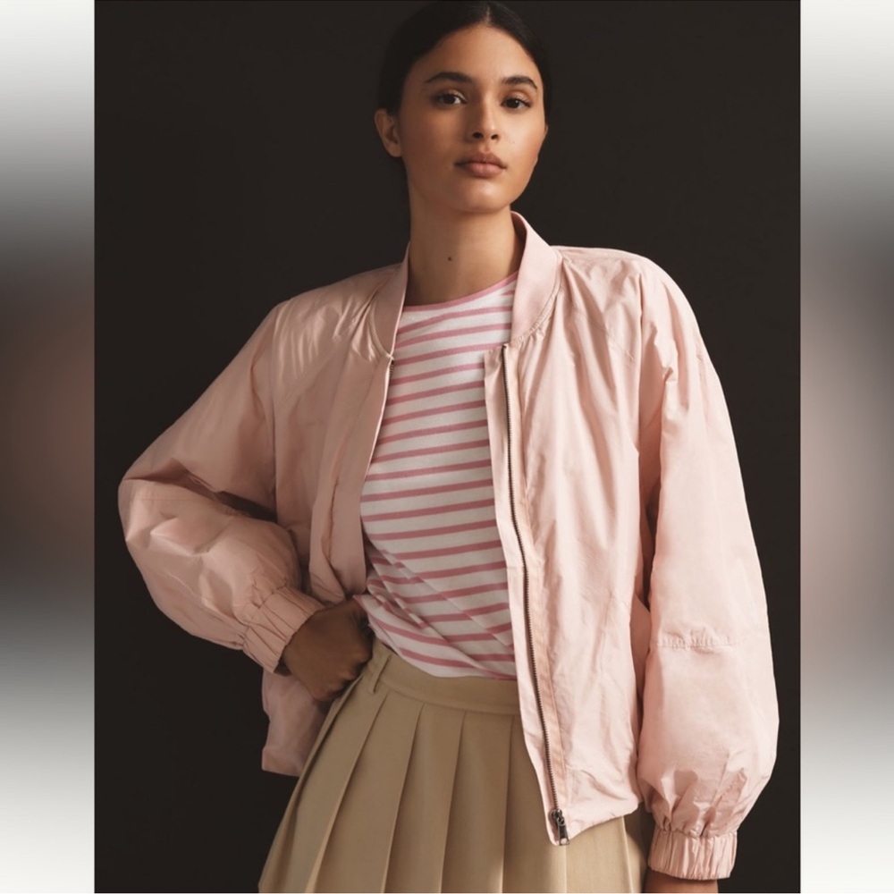 Anthropologie Maeve Pink Bomber Jacket with Balloon Sleeves